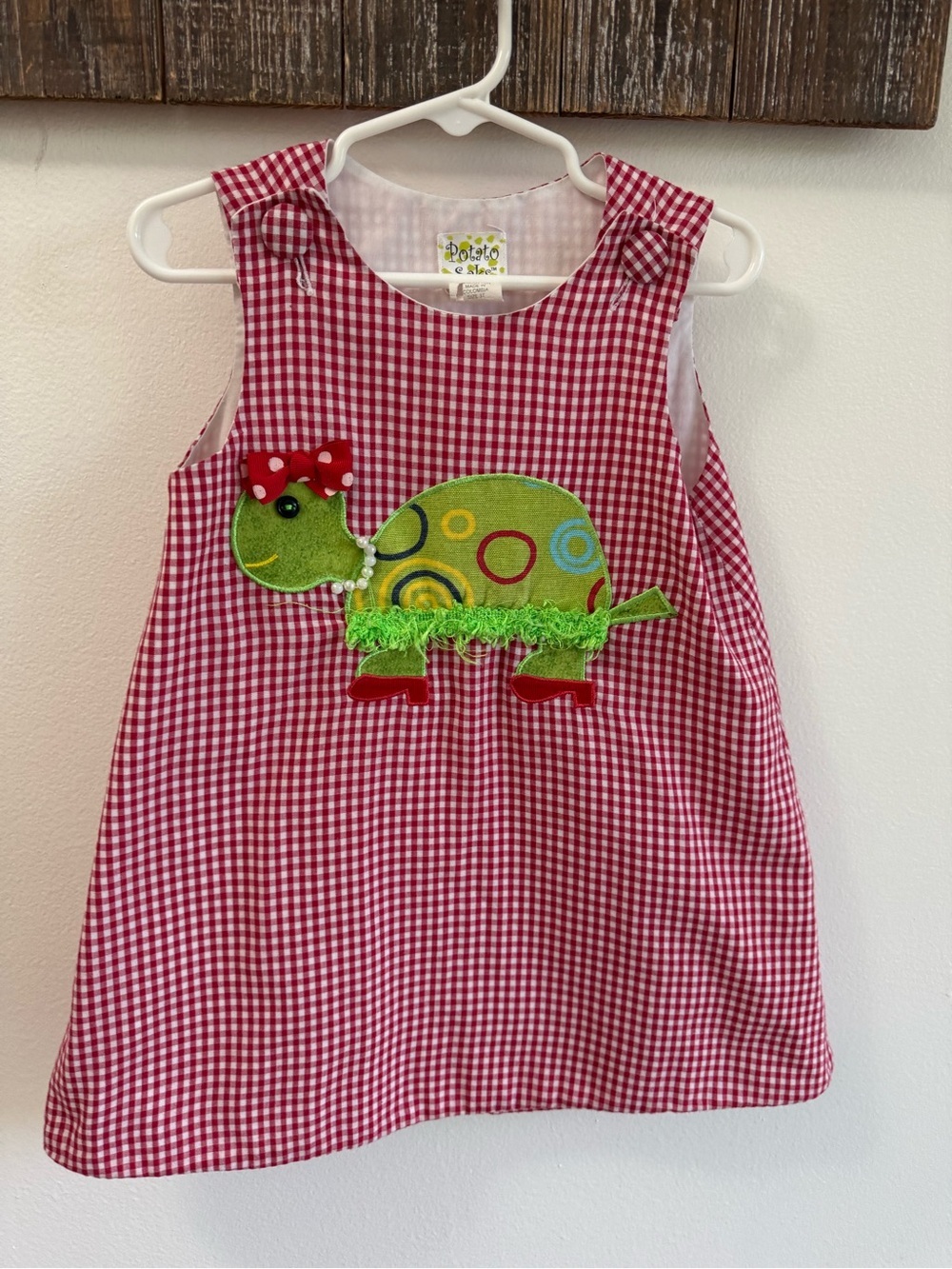 Potato Sams 3T Red Gingham Girls Dress with Green Turtle Appliqué